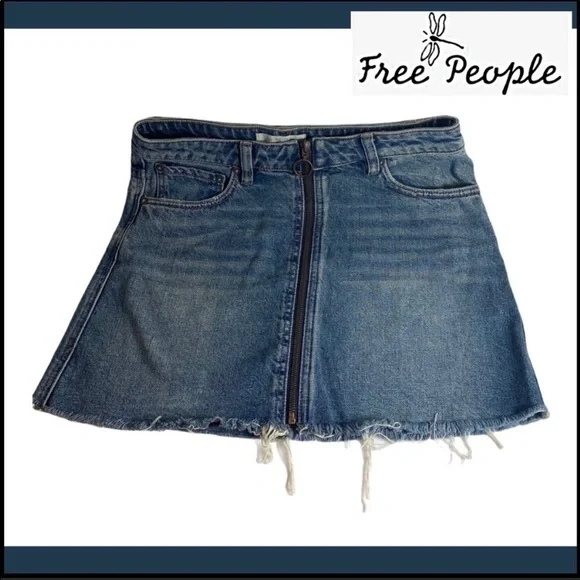 FREE PEOPLE Zip- Up Boho Grunge Denim Skirt Sz 27 - Picture 3 of 12